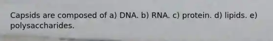 Capsids are composed of a) DNA. b) RNA. c) protein. d) lipids. e) polysaccharides.