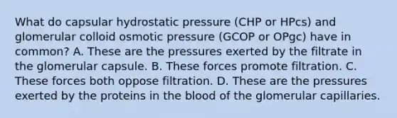 What do capsular hydrostatic pressure (CHP or HPcs) and glomerular colloid osmotic pressure (GCOP or OPgc) have in common? A. These are the pressures exerted by the filtrate in the glomerular capsule. B. These forces promote filtration. C. These forces both oppose filtration. D. These are the pressures exerted by the proteins in the blood of the glomerular capillaries.