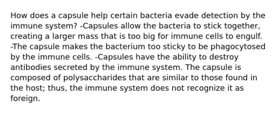 How does a capsule help certain bacteria evade detection by the immune system? -Capsules allow the bacteria to stick together, creating a larger mass that is too big for immune cells to engulf. -The capsule makes the bacterium too sticky to be phagocytosed by the immune cells. -Capsules have the ability to destroy antibodies secreted by the immune system. The capsule is composed of polysaccharides that are similar to those found in the host; thus, the immune system does not recognize it as foreign.