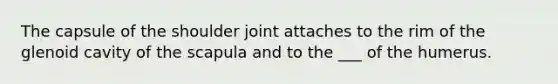The capsule of the shoulder joint attaches to the rim of the glenoid cavity of the scapula and to the ___ of the humerus.