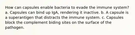 How can capsules enable bacteria to evade the immune system? a. Capsules can bind up IgA, rendering it inactive. b. A capsule is a superantigen that distracts the immune system. c. Capsules block the complement biding sites on the surface of the pathogen.