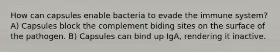 How can capsules enable bacteria to evade the immune system? A) Capsules block the complement biding sites on the surface of the pathogen. B) Capsules can bind up IgA, rendering it inactive.