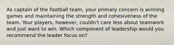 As captain of the football team, your primary concern is winning games and maintaining the strength and cohesiveness of the team. Your players, however, couldn't care less about teamwork and just want to win. Which component of leadership would you recommend the leader focus on?