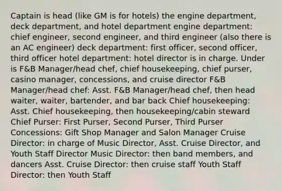 Captain is head (like GM is for hotels) the engine department, deck department, and hotel department engine department: chief engineer, second engineer, and third engineer (also there is an AC engineer) deck department: first officer, second officer, third officer hotel department: hotel director is in charge. Under is F&B Manager/head chef, chief housekeeping, chief purser, casino manager, concessions, and cruise director F&B Manager/head chef: Asst. F&B Manager/head chef, then head waiter, waiter, bartender, and bar back Chief housekeeping: Asst. Chief housekeeping, then housekeeping/cabin steward Chief Purser: First Purser, Second Purser, Third Purser Concessions: Gift Shop Manager and Salon Manager Cruise Director: in charge of Music Director, Asst. Cruise Director, and Youth Staff Director Music Director: then band members, and dancers Asst. Cruise Director: then cruise staff Youth Staff Director: then Youth Staff