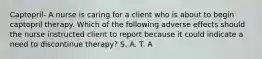 Captopril- A nurse is caring for a client who is about to begin captopril therapy. Which of the following adverse effects should the nurse instructed client to report because it could indicate a need to discontinue therapy? S. A. T. A