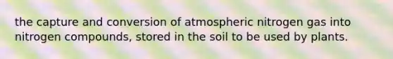 the capture and conversion of atmospheric nitrogen gas into nitrogen compounds, stored in the soil to be used by plants.