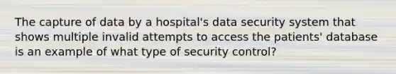 The capture of data by a hospital's data security system that shows multiple invalid attempts to access the patients' database is an example of what type of security control?