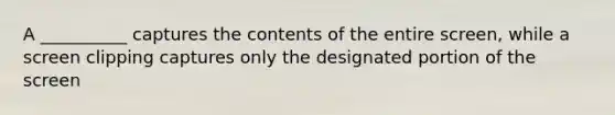 A __________ captures the contents of the entire screen, while a screen clipping captures only the designated portion of the screen