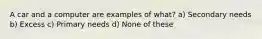 A car and a computer are examples of what? a) Secondary needs b) Excess c) Primary needs d) None of these