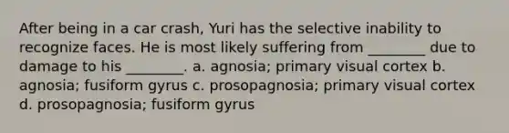 After being in a car crash, Yuri has the selective inability to recognize faces. He is most likely suffering from ________ due to damage to his ________. a. agnosia; primary visual cortex b. agnosia; fusiform gyrus c. prosopagnosia; primary visual cortex d. prosopagnosia; fusiform gyrus