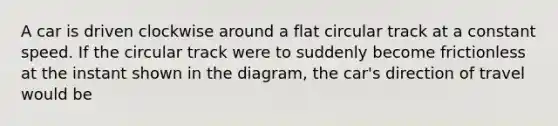 A car is driven clockwise around a flat circular track at a constant speed. If the circular track were to suddenly become frictionless at the instant shown in the diagram, the car's direction of travel would be