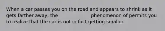 When a car passes you on the road and appears to shrink as it gets farther away, the _____________ phenomenon of permits you to realize that the car is not in fact getting smaller.