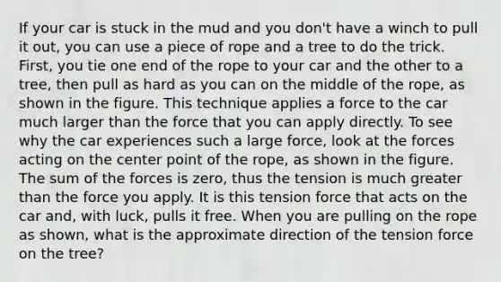 If your car is stuck in the mud and you don't have a winch to pull it out, you can use a piece of rope and a tree to do the trick. First, you tie one end of the rope to your car and the other to a tree, then pull as hard as you can on the middle of the rope, as shown in the figure. This technique applies a force to the car much larger than the force that you can apply directly. To see why the car experiences such a large force, look at the forces acting on the center point of the rope, as shown in the figure. The sum of the forces is zero, thus the tension is much greater than the force you apply. It is this tension force that acts on the car and, with luck, pulls it free. When you are pulling on the rope as shown, what is the approximate direction of the tension force on the tree?