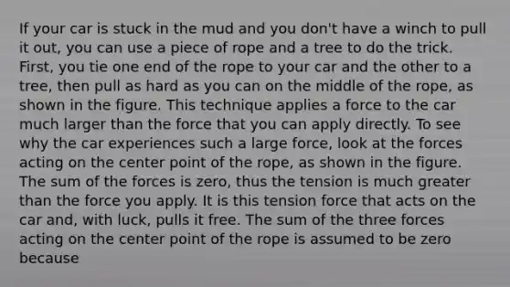 If your car is stuck in the mud and you don't have a winch to pull it out, you can use a piece of rope and a tree to do the trick. First, you tie one end of the rope to your car and the other to a tree, then pull as hard as you can on the middle of the rope, as shown in the figure. This technique applies a force to the car much larger than the force that you can apply directly. To see why the car experiences such a large force, look at the forces acting on the center point of the rope, as shown in the figure. The sum of the forces is zero, thus the tension is much greater than the force you apply. It is this tension force that acts on the car and, with luck, pulls it free. The sum of the three forces acting on the center point of the rope is assumed to be zero because