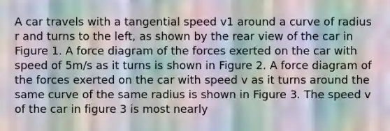 A car travels with a tangential speed v1 around a curve of radius r and turns to the left, as shown by the rear view of the car in Figure 1. A force diagram of the forces exerted on the car with speed of 5⁢m/s as it turns is shown in Figure 2. A force diagram of the forces exerted on the car with speed v as it turns around the same curve of the same radius is shown in Figure 3. The speed v of the car in figure 3 is most nearly