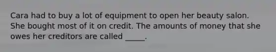 Cara had to buy a lot of equipment to open her beauty salon. She bought most of it on credit. The amounts of money that she owes her creditors are called _____.