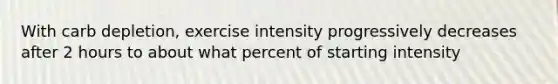 With carb depletion, exercise intensity progressively decreases after 2 hours to about what percent of starting intensity