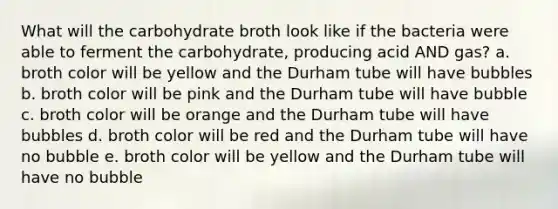 What will the carbohydrate broth look like if the bacteria were able to ferment the carbohydrate, producing acid AND gas? a. broth color will be yellow and the Durham tube will have bubbles b. broth color will be pink and the Durham tube will have bubble c. broth color will be orange and the Durham tube will have bubbles d. broth color will be red and the Durham tube will have no bubble e. broth color will be yellow and the Durham tube will have no bubble