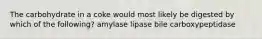 The carbohydrate in a coke would most likely be digested by which of the following? amylase lipase bile carboxypeptidase