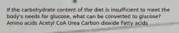 ​If the carbohydrate content of the diet is insufficient to meet the body's needs for glucose, what can be converted to glucose? ​Amino acids ​Acetyl CoA ​Urea ​Carbon dioxide ​Fatty acids