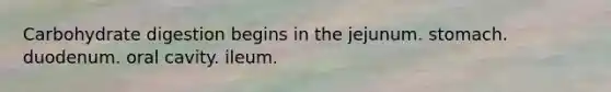 Carbohydrate digestion begins in the jejunum. stomach. duodenum. oral cavity. ileum.