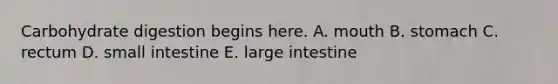 Carbohydrate digestion begins here. A. mouth B. stomach C. rectum D. small intestine E. large intestine