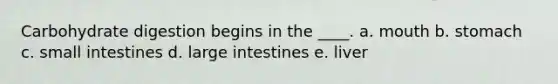 Carbohydrate digestion begins in the ____. a. mouth b. stomach c. small intestines d. large intestines e. liver