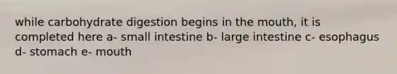 while carbohydrate digestion begins in the mouth, it is completed here a- small intestine b- large intestine c- esophagus d- stomach e- mouth