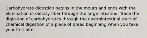 Carbohydrate digestion begins in the mouth and ends with the elimination of dietary fiber through the large intestine. Trace the digestion of carbohydrates through the gastrointestinal tract of chemical digestion of a piece of bread beginning when you take your first bite.