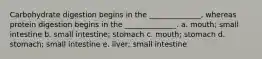 Carbohydrate digestion begins in the ______________, whereas protein digestion begins in the ______________. a. mouth; small intestine b. small intestine; stomach c. mouth; stomach d. stomach; small intestine e. liver; small intestine