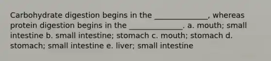 Carbohydrate digestion begins in the ______________, whereas protein digestion begins in the ______________. a. mouth; small intestine b. small intestine; stomach c. mouth; stomach d. stomach; small intestine e. liver; small intestine