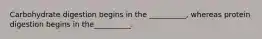 Carbohydrate digestion begins in the __________, whereas protein digestion begins in the__________.