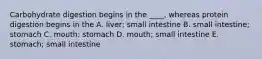 Carbohydrate digestion begins in the ____, whereas protein digestion begins in the A. liver; small intestine B. small intestine; stomach C. mouth; stomach D. mouth; small intestine E. stomach; small intestine