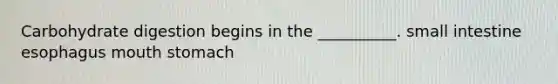 Carbohydrate digestion begins in the __________. small intestine esophagus mouth stomach