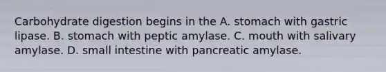 Carbohydrate digestion begins in the A. stomach with gastric lipase. B. stomach with peptic amylase. C. mouth with salivary amylase. D. small intestine with pancreatic amylase.