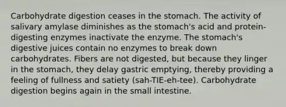 Carbohydrate digestion ceases in the stomach. The activity of salivary amylase diminishes as the stomach's acid and protein-digesting enzymes inactivate the enzyme. The stomach's digestive juices contain no enzymes to break down carbohydrates. Fibers are not digested, but because they linger in the stomach, they delay gastric emptying, thereby providing a feeling of fullness and satiety (sah-TIE-eh-tee). Carbohydrate digestion begins again in the small intestine.