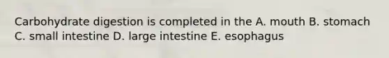 Carbohydrate digestion is completed in the A. mouth B. stomach C. small intestine D. large intestine E. esophagus