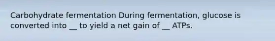 Carbohydrate fermentation During fermentation, glucose is converted into __ to yield a net gain of __ ATPs.