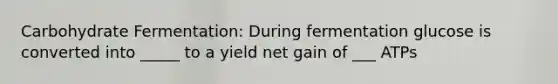 Carbohydrate Fermentation: During fermentation glucose is converted into _____ to a yield net gain of ___ ATPs