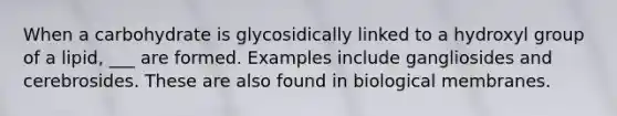 When a carbohydrate is glycosidically linked to a hydroxyl group of a lipid, ___ are formed. Examples include gangliosides and cerebrosides. These are also found in biological membranes.