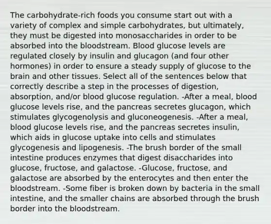 The carbohydrate-rich foods you consume start out with a variety of complex and simple carbohydrates, but ultimately, they must be digested into monosaccharides in order to be absorbed into <a href='https://www.questionai.com/knowledge/k7oXMfj7lk-the-blood' class='anchor-knowledge'>the blood</a>stream. Blood glucose levels are regulated closely by insulin and glucagon (and four other hormones) in order to ensure a steady supply of glucose to <a href='https://www.questionai.com/knowledge/kLMtJeqKp6-the-brain' class='anchor-knowledge'>the brain</a> and other tissues. Select all of the sentences below that correctly describe a step in the processes of digestion, absorption, and/or blood glucose regulation. -After a meal, blood glucose levels rise, and the pancreas secretes glucagon, which stimulates glycogenolysis and gluconeogenesis. -After a meal, blood glucose levels rise, and the pancreas secretes insulin, which aids in glucose uptake into cells and stimulates glycogenesis and lipogenesis. -The brush border of <a href='https://www.questionai.com/knowledge/kt623fh5xn-the-small-intestine' class='anchor-knowledge'>the small intestine</a> produces enzymes that digest disaccharides into glucose, fructose, and galactose. -Glucose, fructose, and galactose are absorbed by the enterocytes and then enter the bloodstream. -Some fiber is broken down by bacteria in the small intestine, and the smaller chains are absorbed through the brush border into the bloodstream.