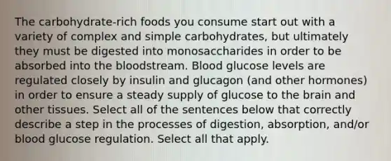 The carbohydrate-rich foods you consume start out with a variety of complex and simple carbohydrates, but ultimately they must be digested into monosaccharides in order to be absorbed into the bloodstream. Blood glucose levels are regulated closely by insulin and glucagon (and other hormones) in order to ensure a steady supply of glucose to the brain and other tissues. Select all of the sentences below that correctly describe a step in the processes of digestion, absorption, and/or blood glucose regulation. Select all that apply.