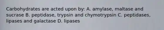 Carbohydrates are acted upon by: A. amylase, maltase and sucrase B. peptidase, trypsin and chymotrypsin C. peptidases, lipases and galactase D. lipases