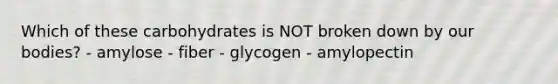 Which of these carbohydrates is NOT broken down by our bodies? - amylose - fiber - glycogen - amylopectin