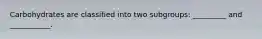 Carbohydrates are classified into two subgroups: _________ and ___________.