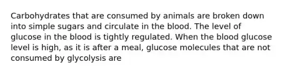 Carbohydrates that are consumed by animals are broken down into simple sugars and circulate in the blood. The level of glucose in the blood is tightly regulated. When the blood glucose level is high, as it is after a meal, glucose molecules that are not consumed by glycolysis are