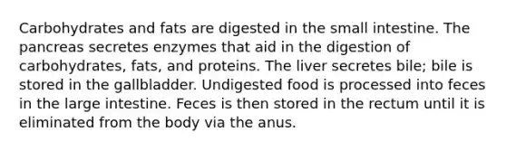 Carbohydrates and fats are digested in the small intestine. The pancreas secretes enzymes that aid in the digestion of carbohydrates, fats, and proteins. The liver secretes bile; bile is stored in the gallbladder. Undigested food is processed into feces in the large intestine. Feces is then stored in the rectum until it is eliminated from the body via the anus.