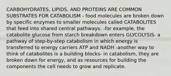 CARBOHYDRATES, LIPIDS, AND PROTEINS ARE COMMON SUBSTRATES FOR CATABOLISM - food molecules are broken down by specific enzymes to smaller molecules called CATABOLITES that feed into shared central pathways. -for example, the catabolite glucose from starch breakdown enters GLYCOLYSIS- a pathway of step-by-step catabolism in which energy is transferred to energy carriers ATP and NADH -another way to think of catabolites is a building blocks- in catabolism, they are broken down for energy, and as resources for building the components the cell needs to grow and replicate.