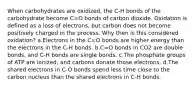 When carbohydrates are oxidized, the C-H bonds of the carbohydrate become C=O bonds of carbon dioxide. Oxidation is defined as a loss of electrons, but carbon does not become positively charged in the process. Why then is this considered oxidation? a.Electrons in the C=O bonds are higher energy than the electrons in the C-H bonds. b.C=O bonds in CO2 are double bonds, and C-H bonds are single bonds. c.The phosphate groups of ATP are ionized, and carbons donate those electrons. d.The shared electrons in C-O bonds spend less time close to the carbon nucleus than the shared electrons in C-H bonds.