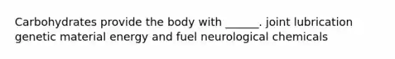 Carbohydrates provide the body with ______. joint lubrication genetic material energy and fuel neurological chemicals